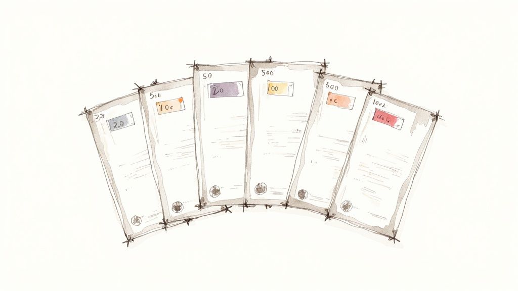 Watercolor illustration of six stylized currency notes fanned out, showing different denominations and colors.