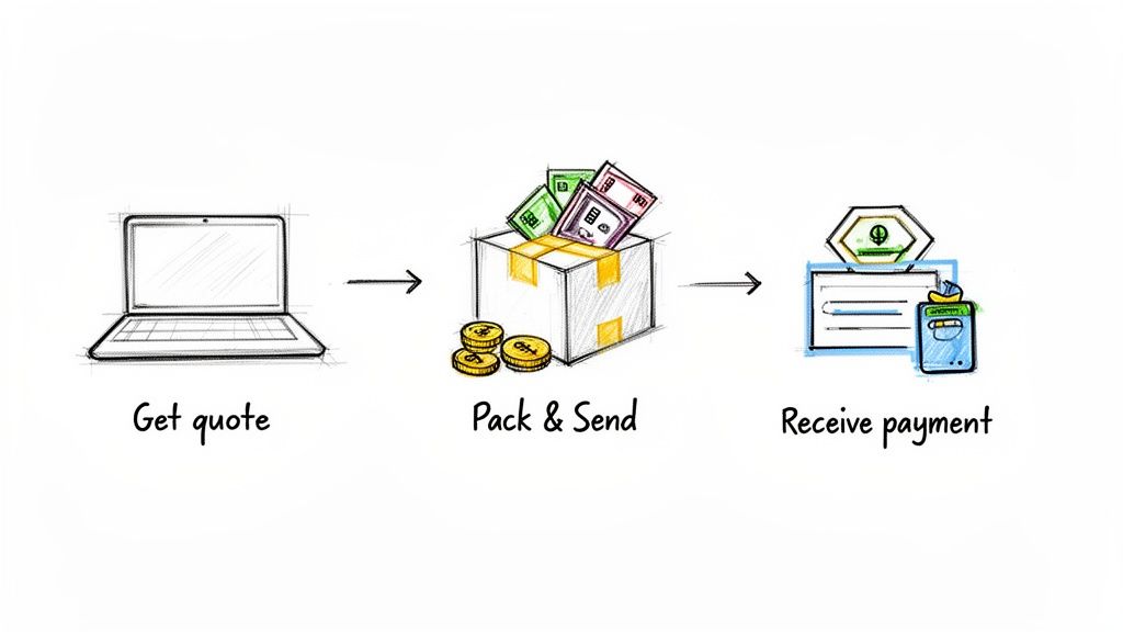 Illustration of a money exchange process: get quote, pack and send, receive payment.