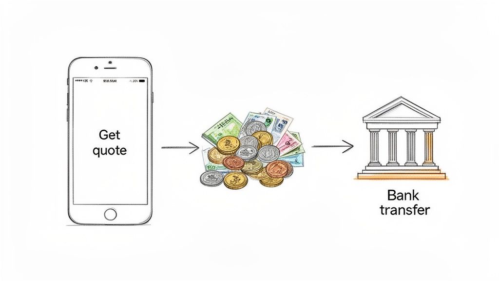 A diagram illustrating the process of getting a quote on a smartphone, followed by money exchange, and then a bank transfer.