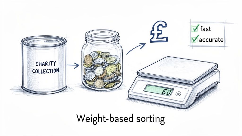 Illustration showing charity collection coins being weighed on a digital scale for fast, accurate sorting.