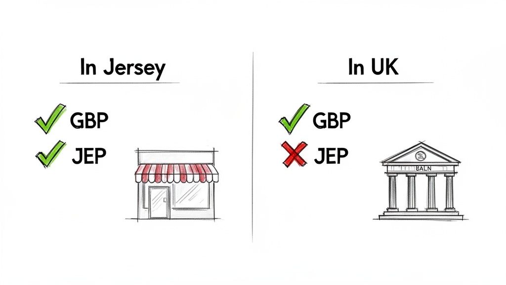 Illustration comparing currency acceptance: GBP and JEP are accepted in Jersey, but only GBP is accepted in the UK.