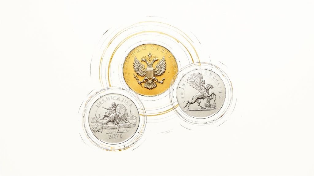 Three intricate coins, one gold with a double-headed eagle, and two silver with historical figures.