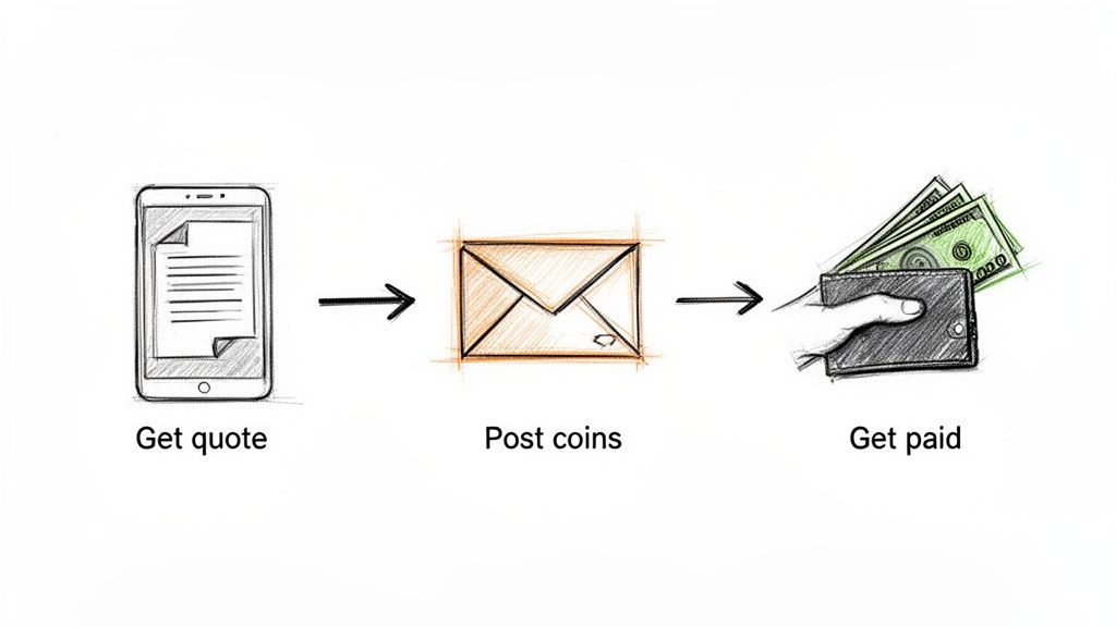 Sketched infographic shows a three-step process: getting a quote on a phone, sending coins by post, and receiving payment.