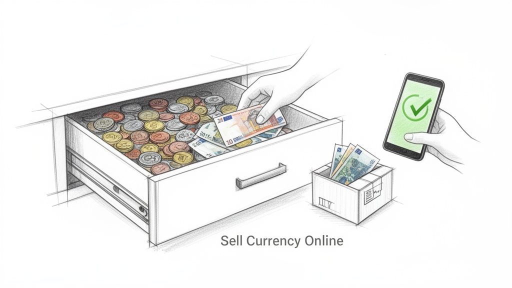 Illustration showing a hand collecting euro banknotes from a drawer for online currency exchange, confirmed by a smartphone.
