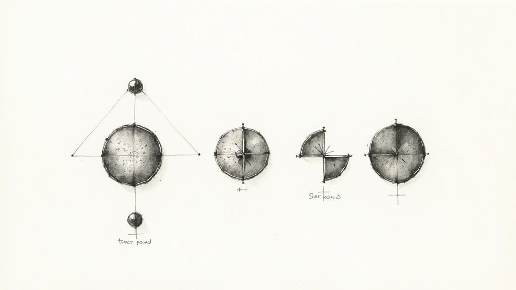 A series of abstract geometric diagrams showing circles, lines, and spheres, resembling technical or scientific sketches.