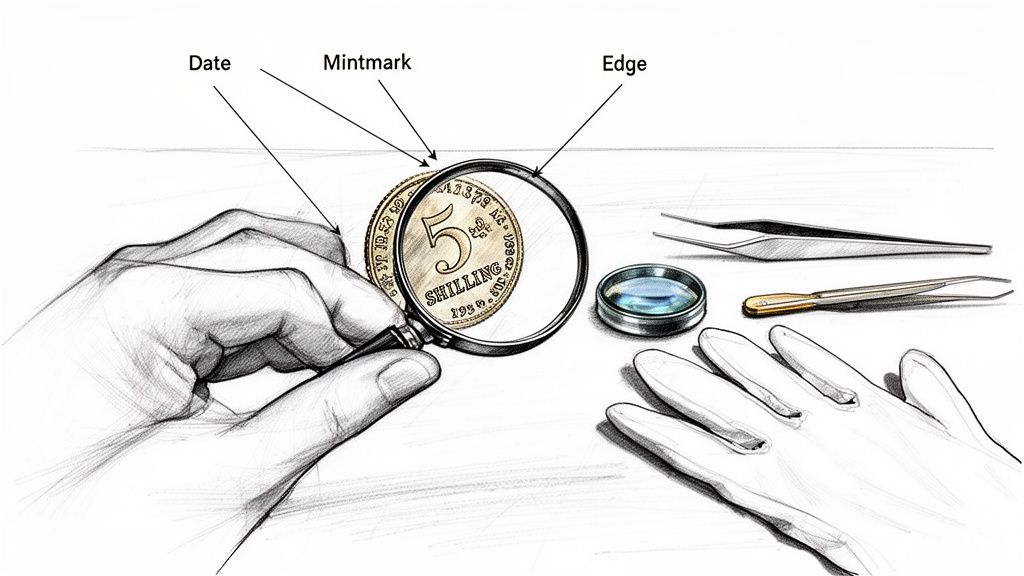 A person uses a magnifying glass to inspect a coin's date, mintmark, and edge, with numismatic tools nearby.