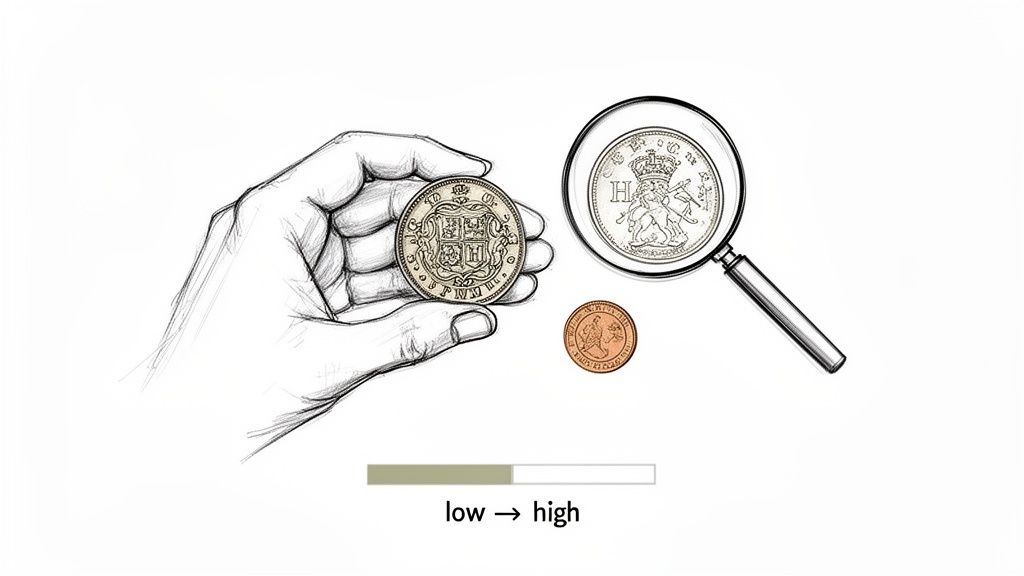 A hand holds a large coin, a magnifying glass inspects another, a small coin nearby, with a low to high value scale.