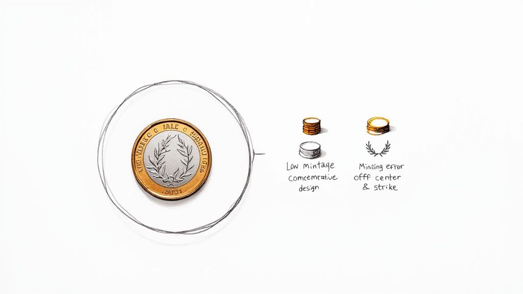 A sketch illustrating a rare two-pound coin with explanations for its value, including low mintage and minting errors.