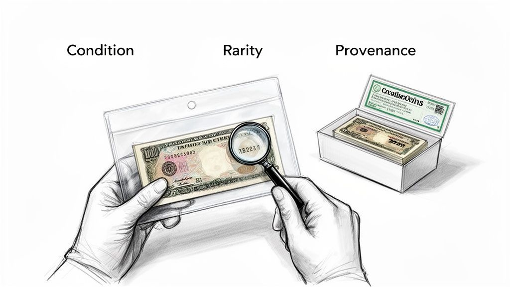 Gloved hands examine a banknote with a magnifying glass and a box of currency, depicting condition, rarity, and provenance.
