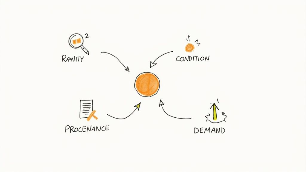 A diagram illustrating the four factors influencing value: rarity, condition, provenance, and demand.