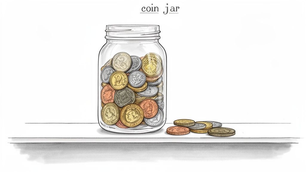 A clear glass jar filled with various silver, copper, and gold coins sits on a shelf, with more coins scattered next to it, under the words 'coin jar'.