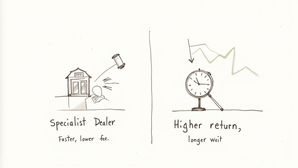 Comparison of selling options: a specialist dealer for faster sale and lower fees, versus a longer wait for higher returns.