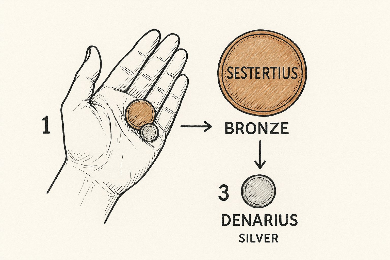 Infographic showing how the size and metal of a Roman coin, like a silver Denarius versus a bronze Sestertius, are key initial clues for identification.