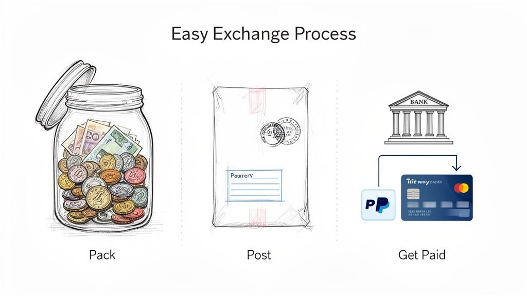 An illustration showing a three-step process: packing money, posting it, and receiving payment via bank or credit card.