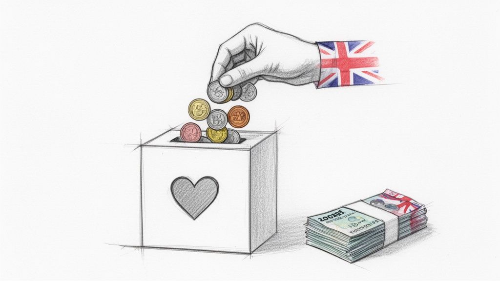 A UK-sleeved hand donates coins into a heart-adorned box, with a pile of banknotes.