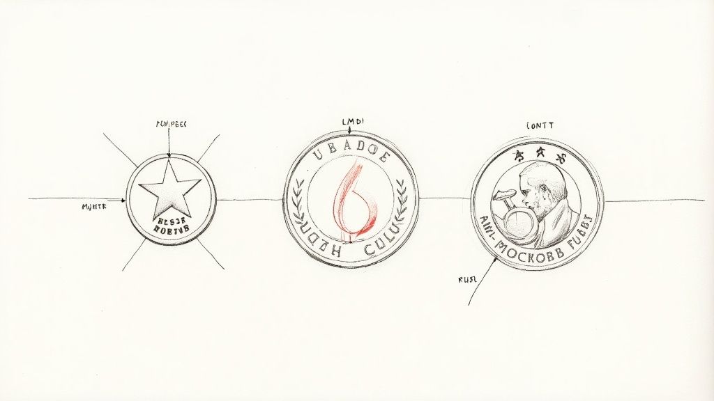 Three detailed coin designs with stars, a flame, a person, and various text labels.