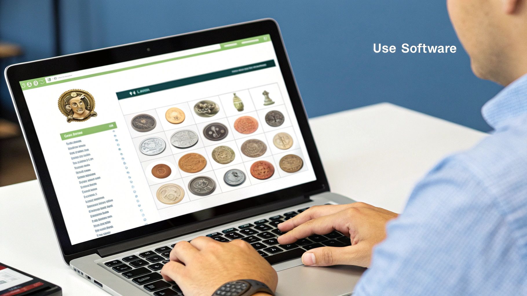 A magnifying glass hovering over an old coin, highlighting intricate details like a mint mark.