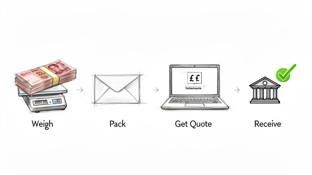 Four steps for currency exchange: weighing Thai Baht notes, packing, getting a quote, and receiving funds.