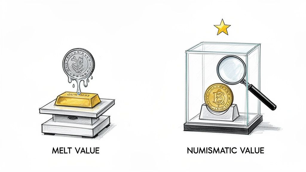 Illustration contrasting melt value of a silver coin and numismatic value of a gold coin.