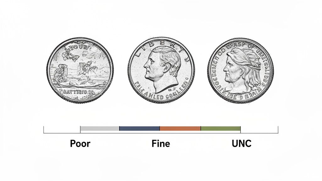 Three distinct coins illustrating different grades: Poor, Fine, and Uncirculated, alongside a visual grading scale.