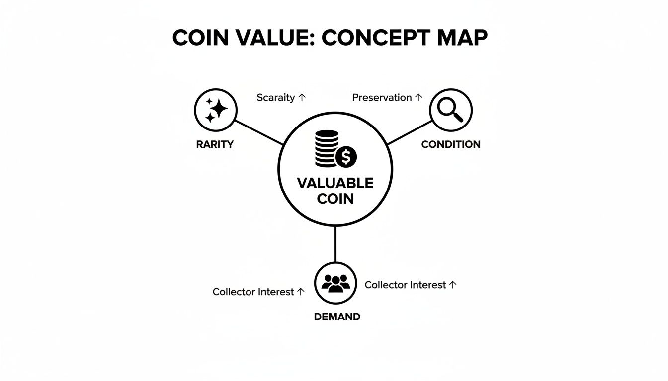 A concept map illustrating factors that contribute to a valuable coin's worth: rarity, condition, and demand.