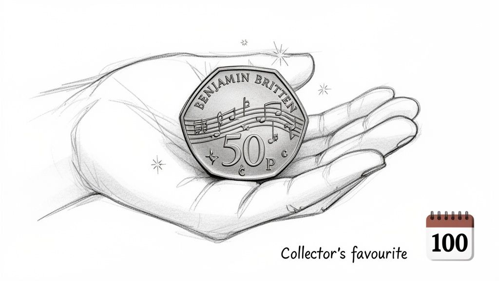 A black and white sketch of a hand holding a Benjamin Britten 50p coin with musical notes.