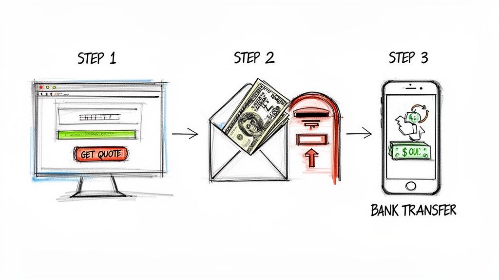 A three-step process: get online quote, mail cash, and receive a bank transfer.