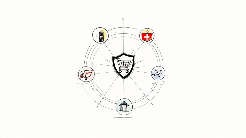 A professional setting showing hands exchanging a bag of mixed foreign coins, with logos of charities and businesses blurred in the background to represent trust.