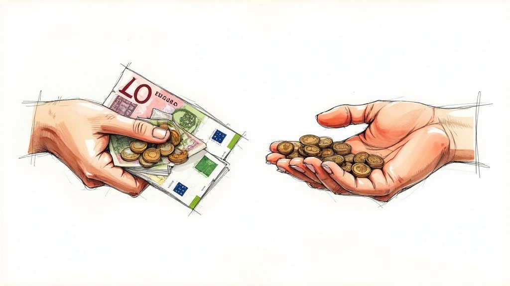 A magnifying glass hovering over various old European coins, highlighting their details and value.