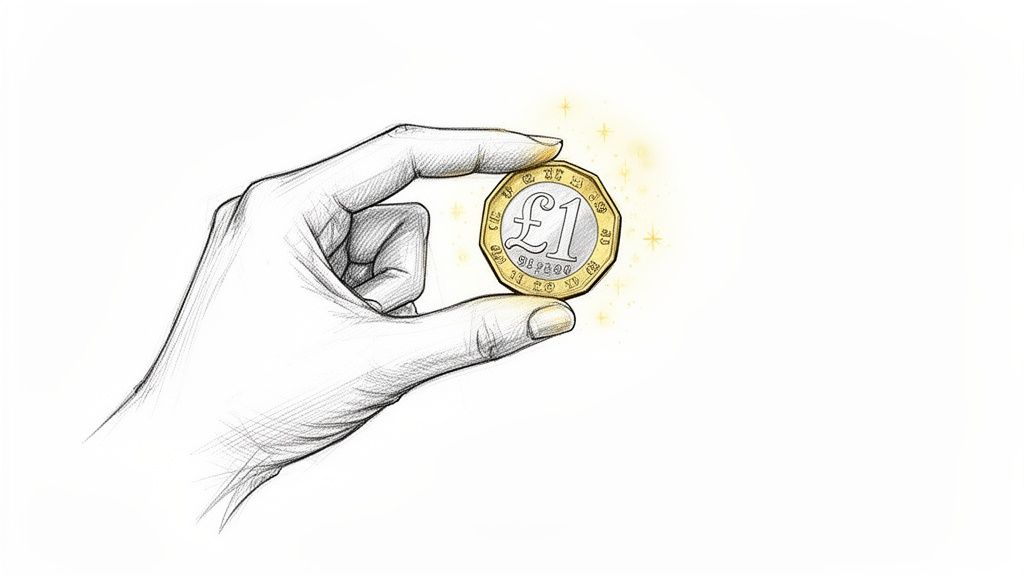 A detailed sketch of a hand holding a shiny, new UK one pound coin with sparkles.