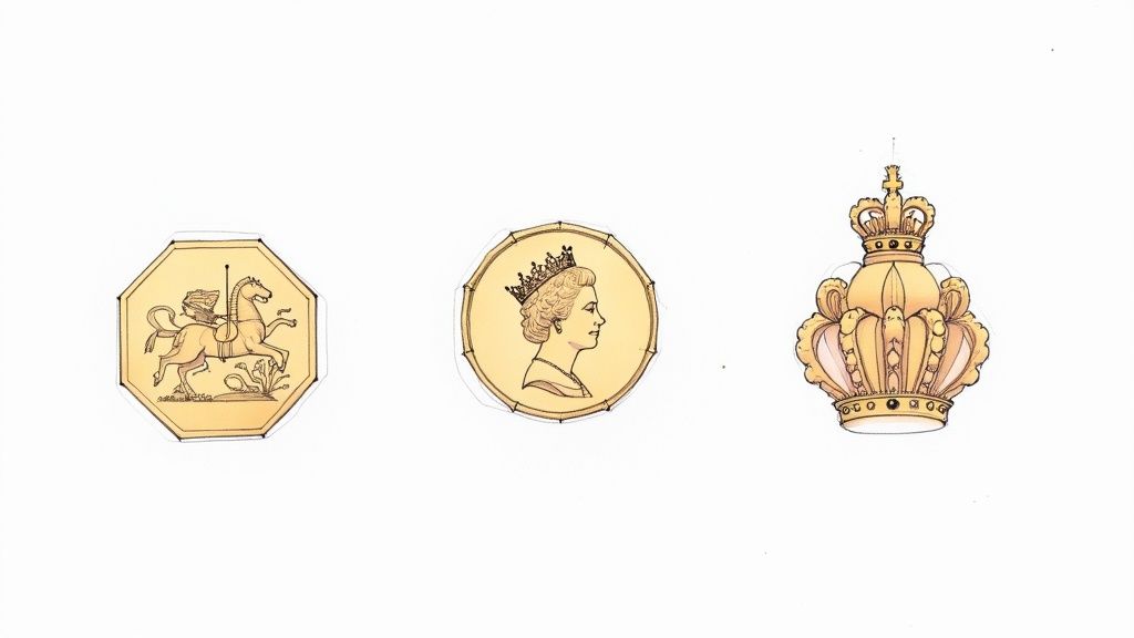 A collection of old British crown coins from different eras, showcasing various monarchs and designs.