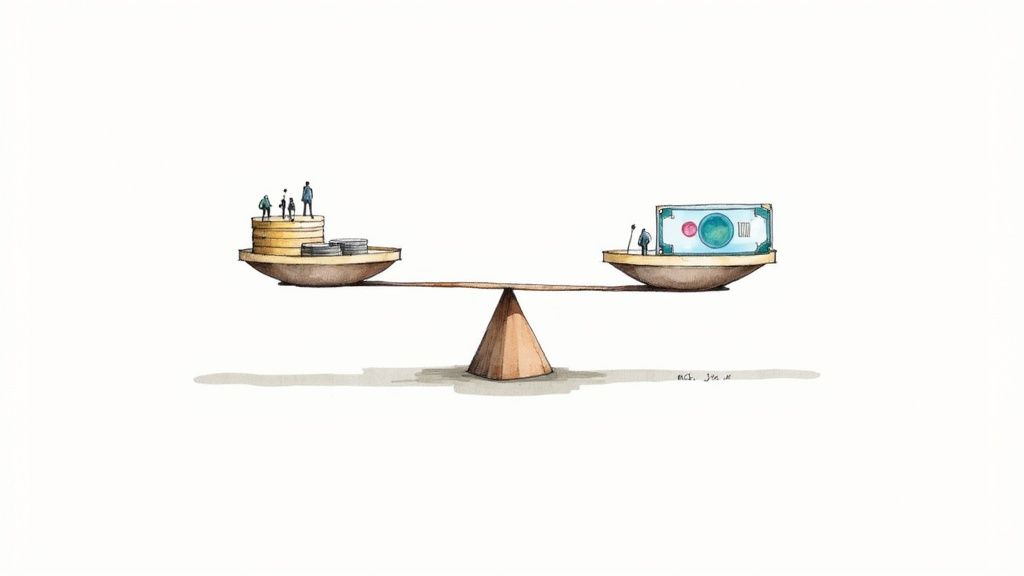 A balance scale shows people and coins outweighing a large banknote, symbolizing economic balance.