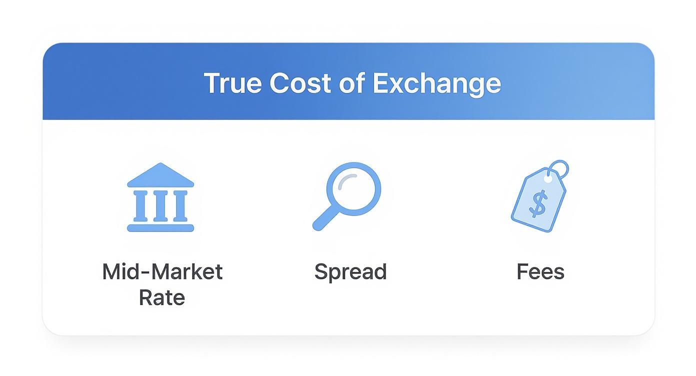 True cost of exchange includes mid-market rate, spread, and fees illustrated with icons