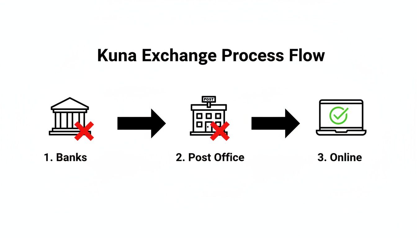 Kuna exchange process flow diagram showing it's available online, but not at banks or post offices.