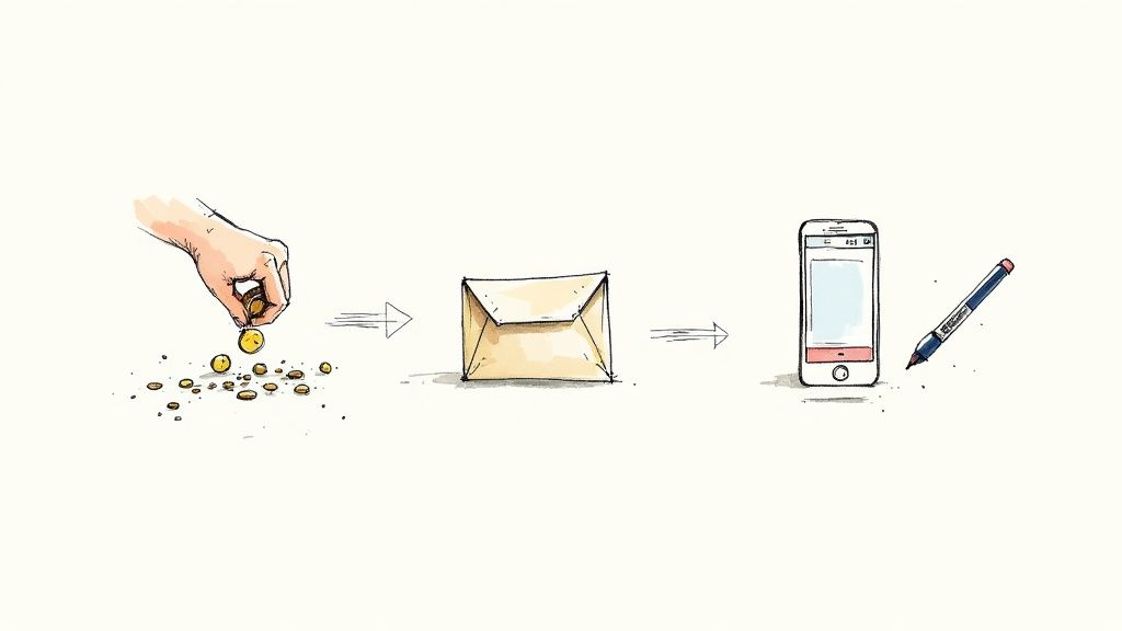 A person securely packaging mixed foreign coins into a padded envelope