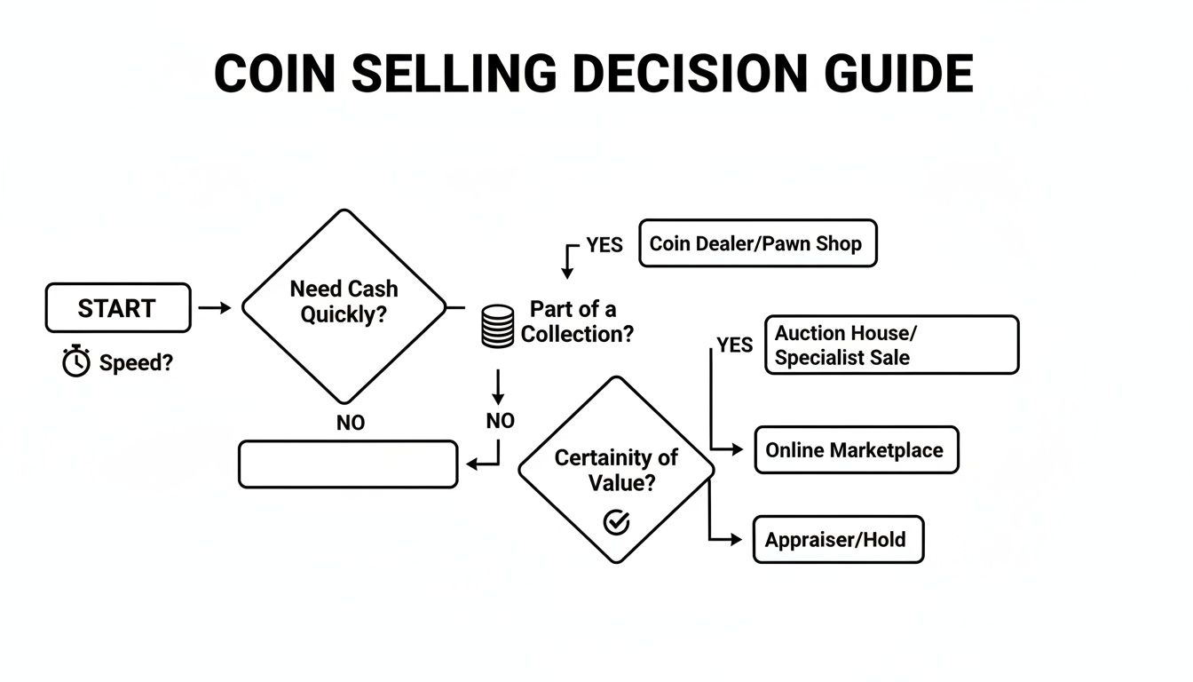 Flowchart guiding coin selling decisions based on speed, collection status, and value certainty.