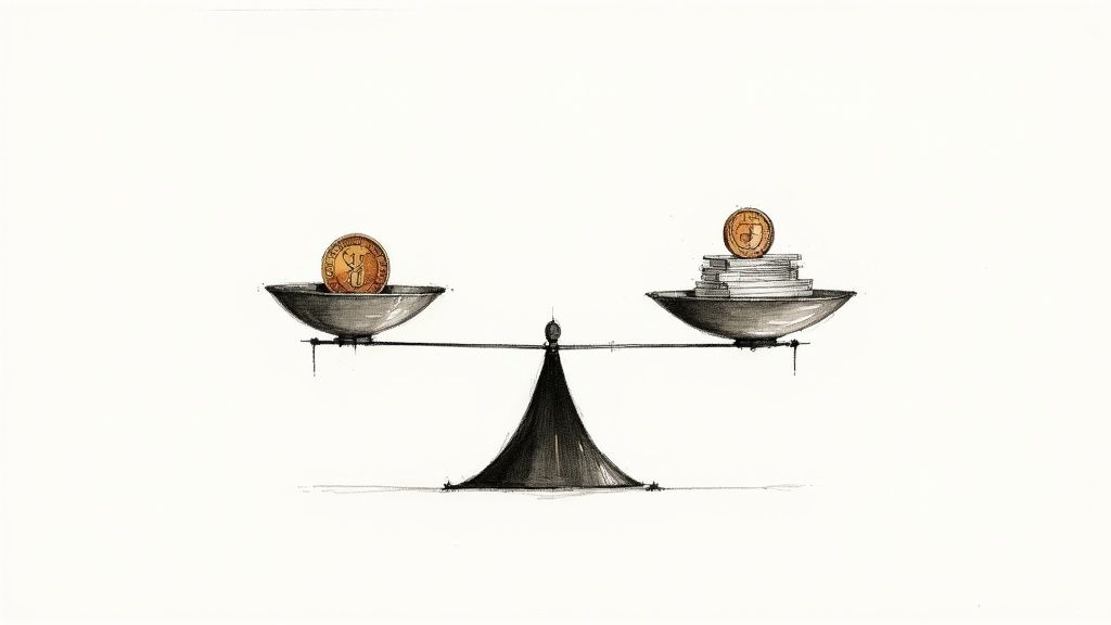 Balance scale weighing single coin against stack of coins and money symbolizing value comparison