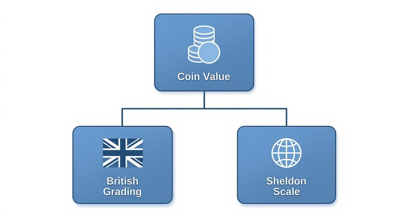 A diagram illustrating coin value, branching into British Grading and the Sheldon Scale systems.