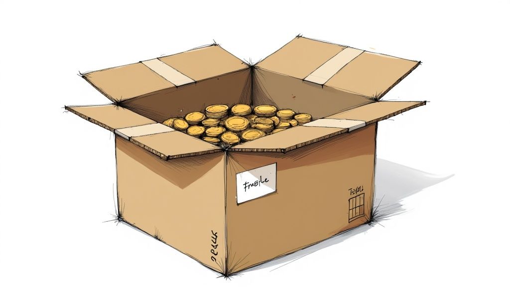 A person carefully placing mixed foreign coins and notes into a sturdy cardboard box for shipping.