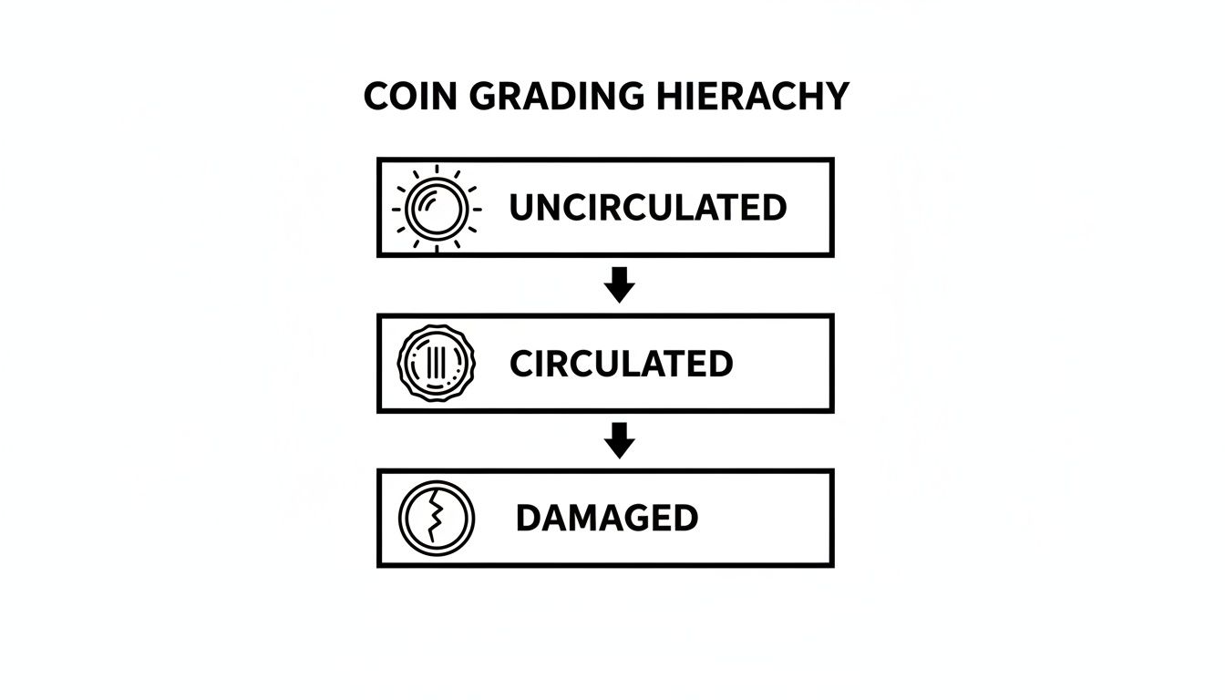 A coin grading hierarchy flowchart showing three levels: Uncirculated, Circulated, and Damaged.