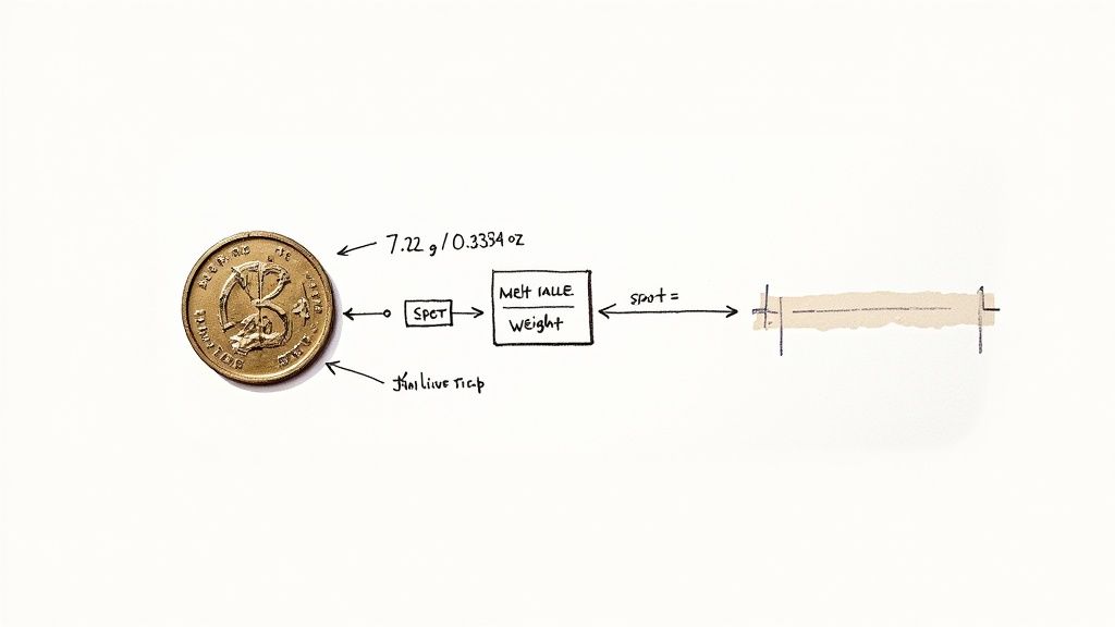 Gold sovereign coin with weight measurement diagram showing spot price calculation and metal value