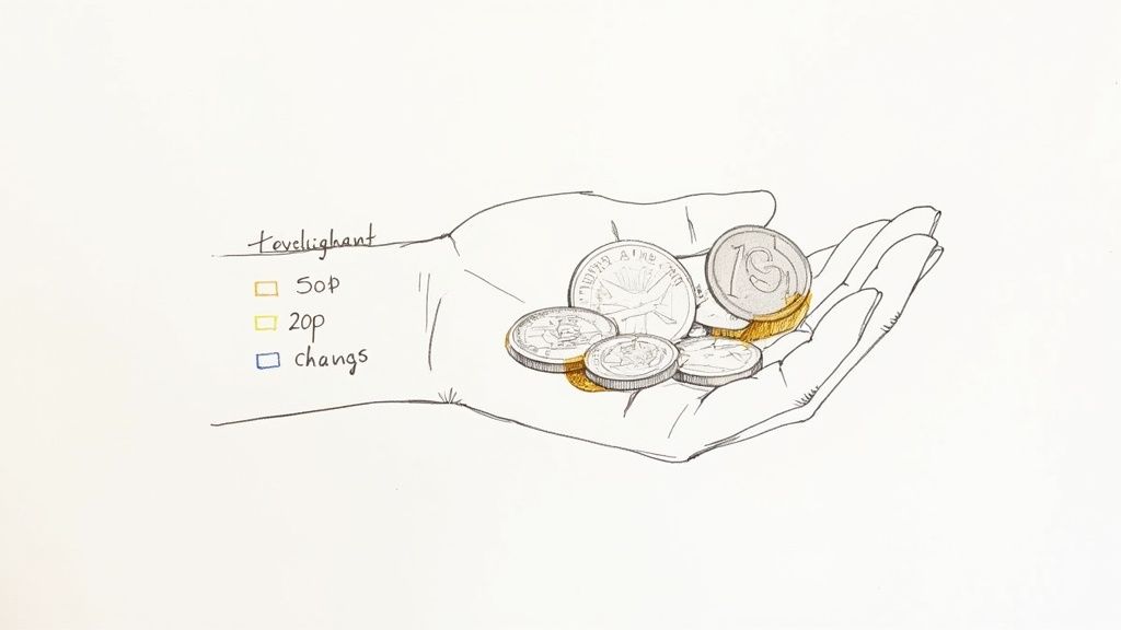 A hand holding several UK coins, with a magnifying glass hovering over them to inspect the details.