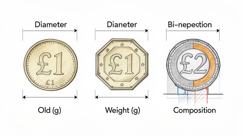 Illustrations of British pound and two-pound coins, highlighting their diameter, weight, and metallic composition differences.