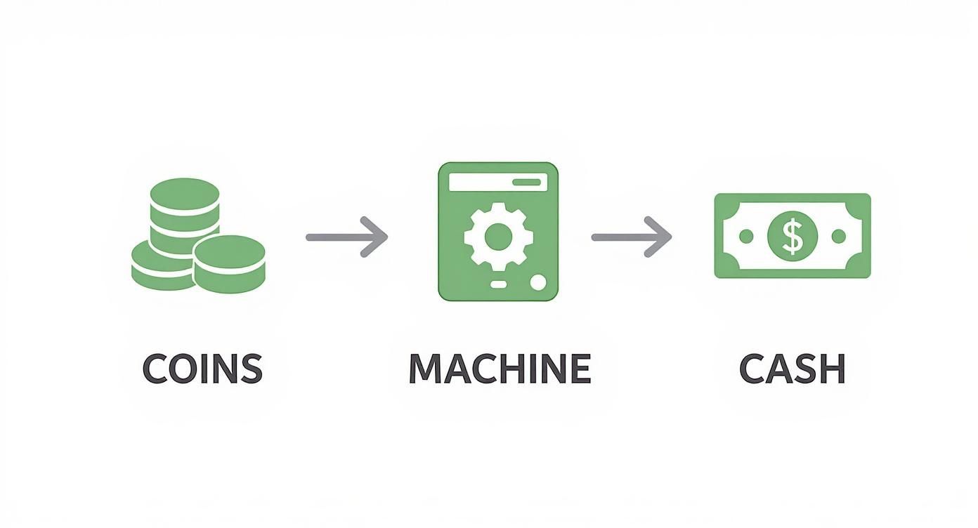 A diagram shows coins entering a machine, which then converts them into cash.