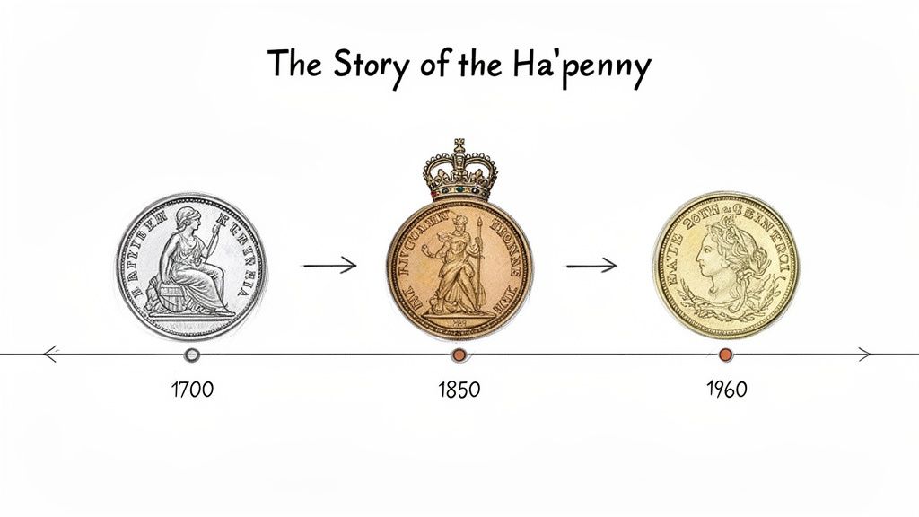 A visual timeline displaying the evolution of the British Ha'penny coin across the years 1700, 1850, and 1960.