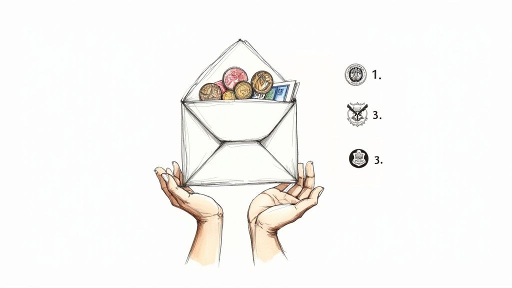 Hands holding an open envelope filled with various coins and currency, alongside numbered emblems.