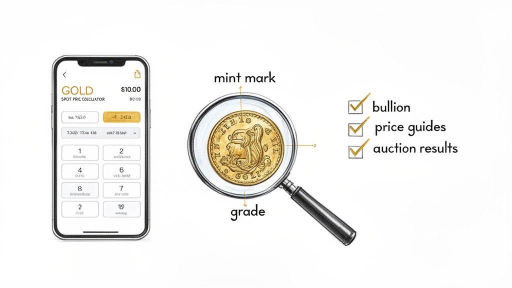 Gold coin valuation elements: a spot price app, a magnified coin showing mint mark and grade, and a checklist.