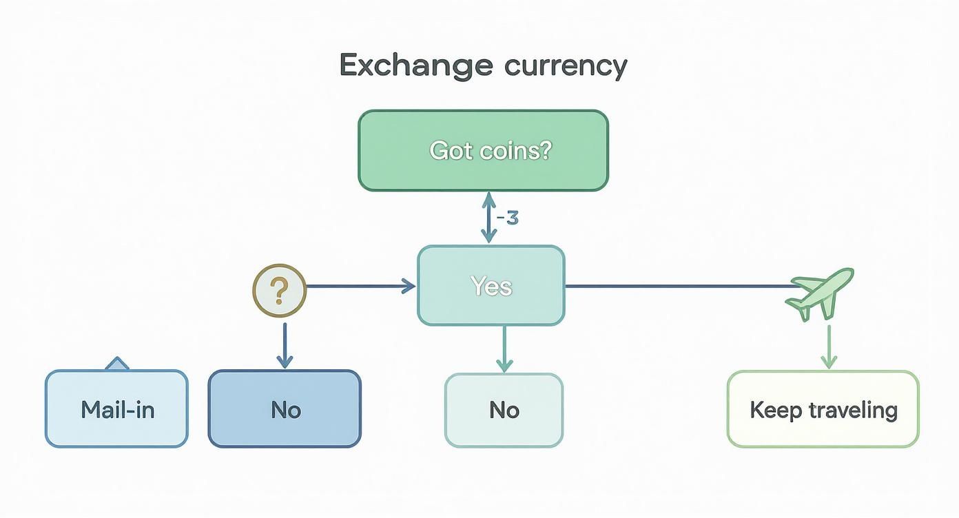 A flowchart titled 'Exchange currency' illustrating decisions related to coins, mail-in, and travel.