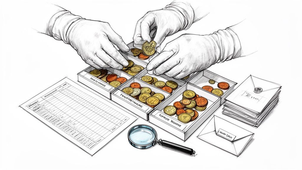 Gloved hands meticulously sort a coin collection into labeled compartments, with a ledger and magnifying glass nearby.