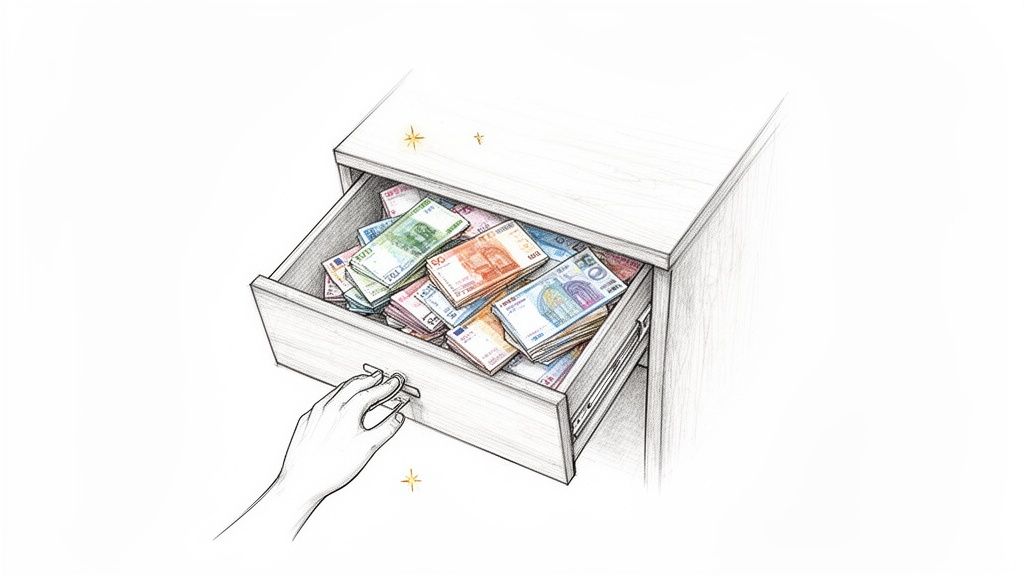 An illustrated hand opens a wooden drawer filled with stacks of colorful Euro banknotes.